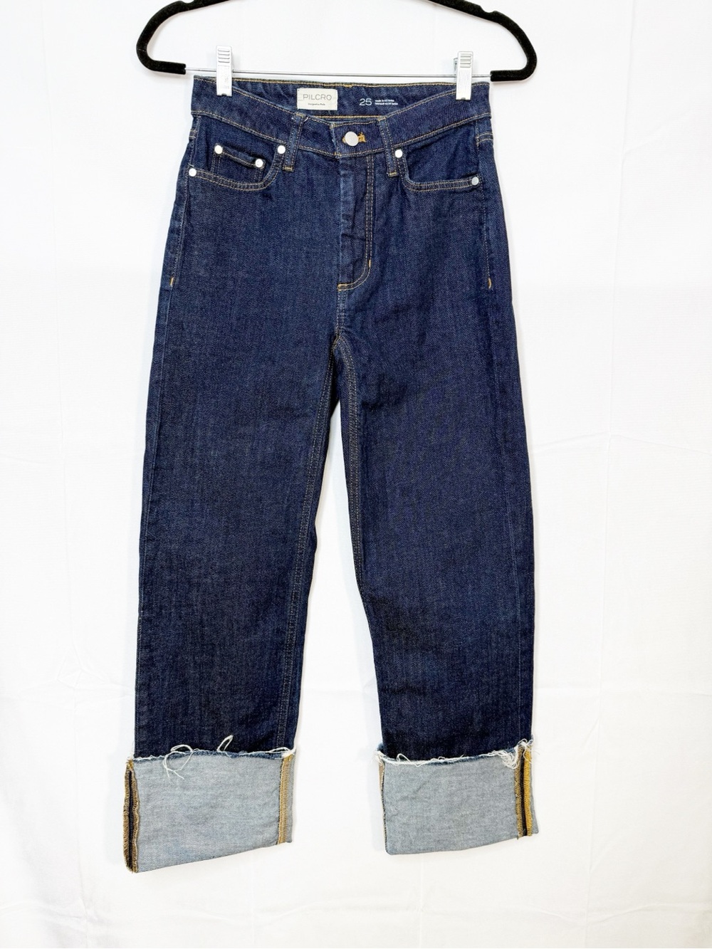 Pilcro X Anthropologie High Rise Cuffed Jeans Dark Wash Straight Wide Leg - Picture 2 of 16